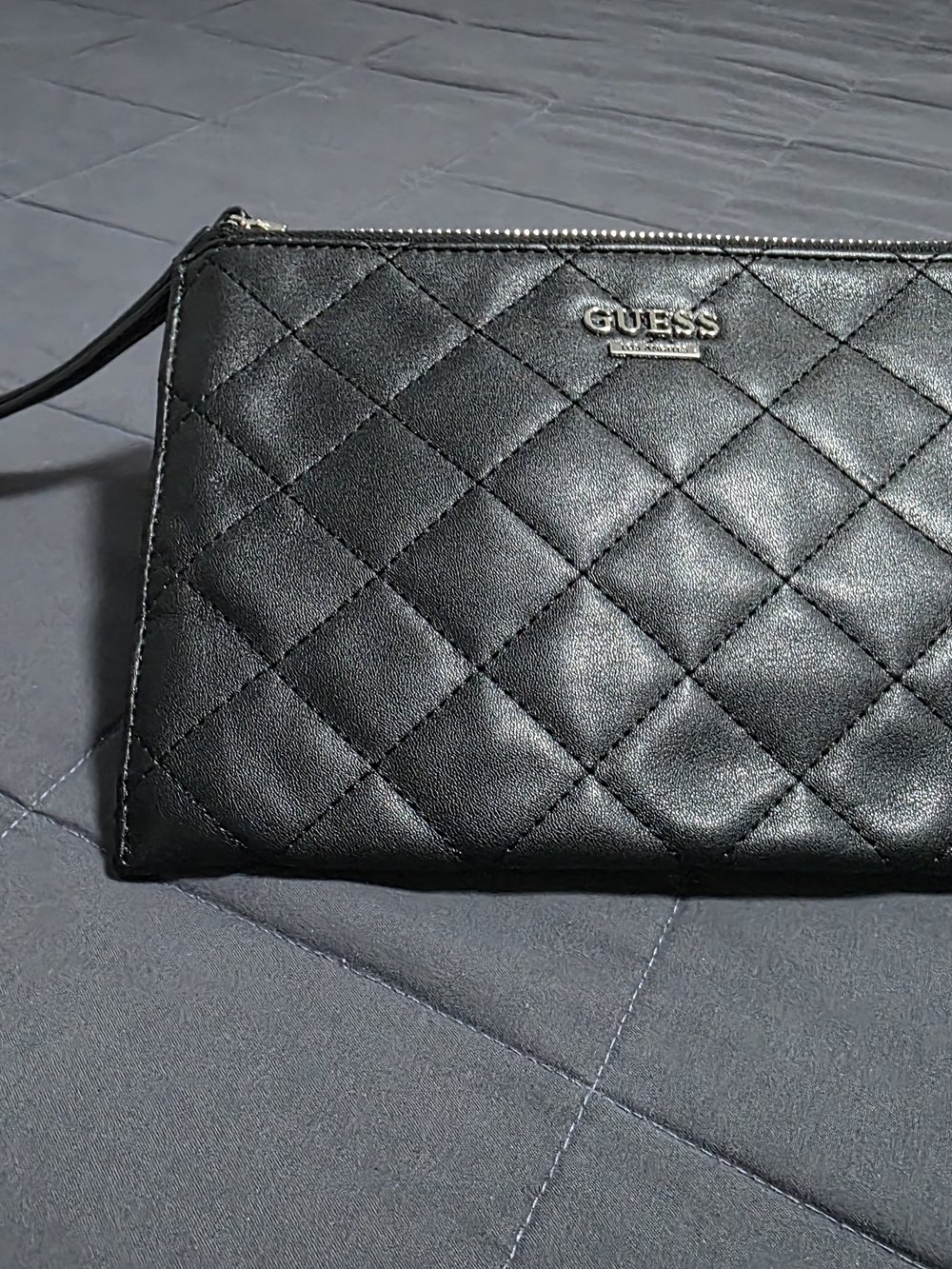 GUESS Black Quilted Wristlet Clutch with Silver Logo